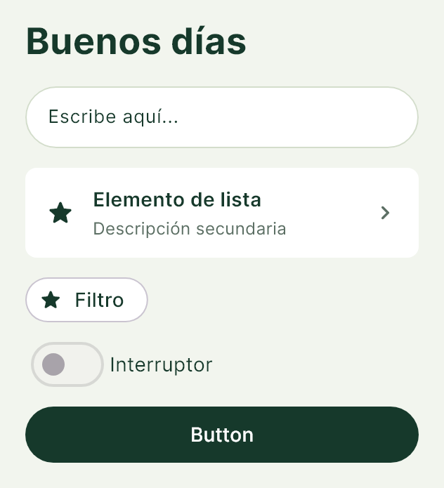 El paquete Bosque en un titular, un campo, una fila de lista, una etiqueta, un interruptor y un botón.