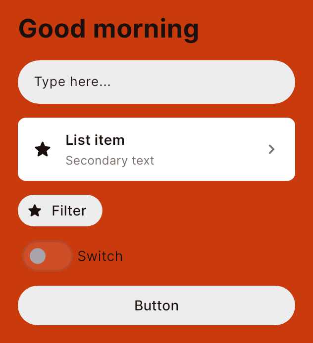 The Ember style pack on a heading, a field, a list row, a tag, a switch and a button.