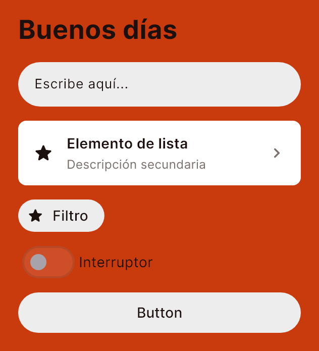 El paquete Brasa en un titular, un campo, una fila de lista, una etiqueta, un interruptor y un botón.