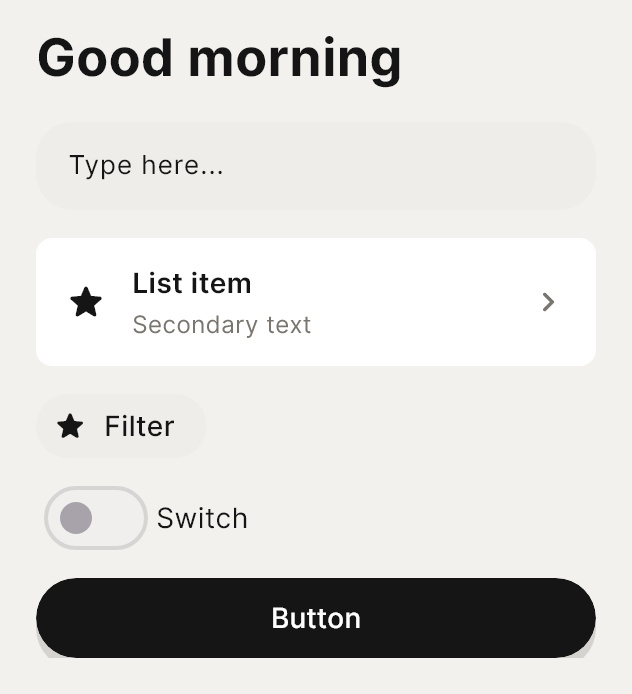 The Clinic style pack on a heading, a field, a list row, a tag, a switch and a button.