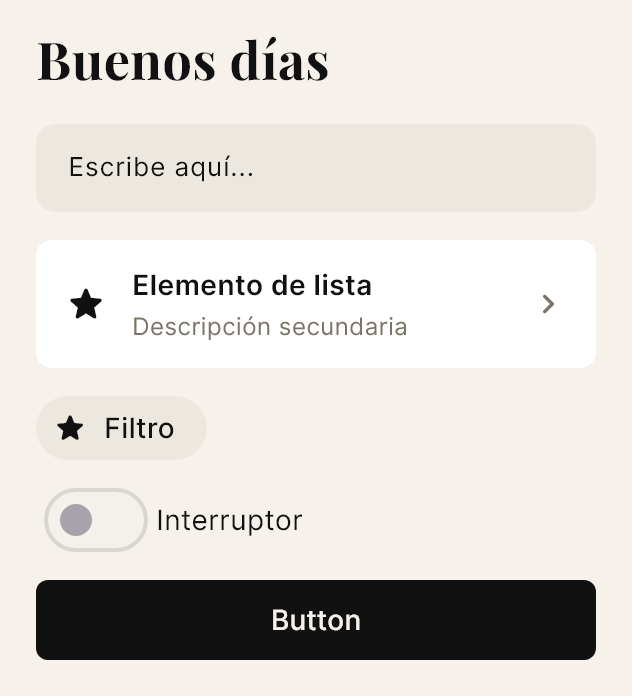 El paquete Editorial en un titular, un campo, una fila de lista, una etiqueta, un interruptor y un botón.