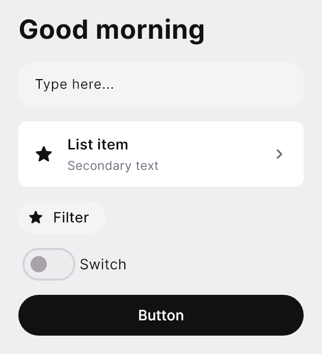 The Graphite style pack on a heading, a field, a list row, a tag, a switch and a button.