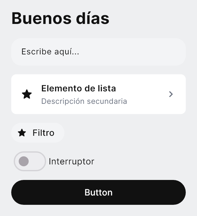 El paquete Grafito en un titular, un campo, una fila de lista, una etiqueta, un interruptor y un botón.