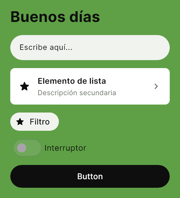 El paquete Hoja en un titular, un campo, una fila de lista, una etiqueta, un interruptor y un botón.
