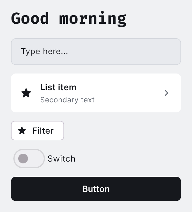 The Silver style pack on a heading, a field, a list row, a tag, a switch and a button.