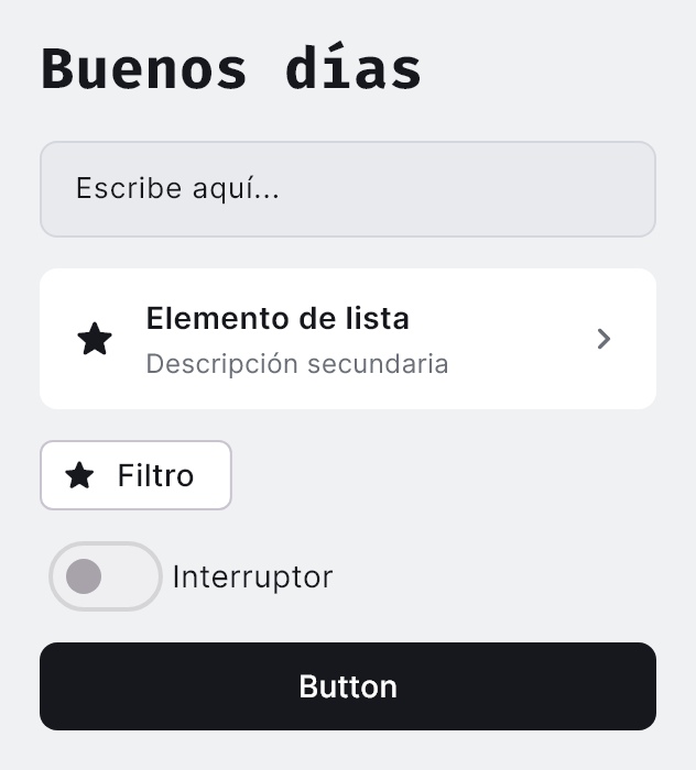 El paquete Plata en un titular, un campo, una fila de lista, una etiqueta, un interruptor y un botón.