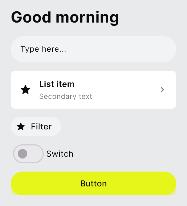 The Voltio style pack on a heading, a field, a list row, a tag, a switch and a button.