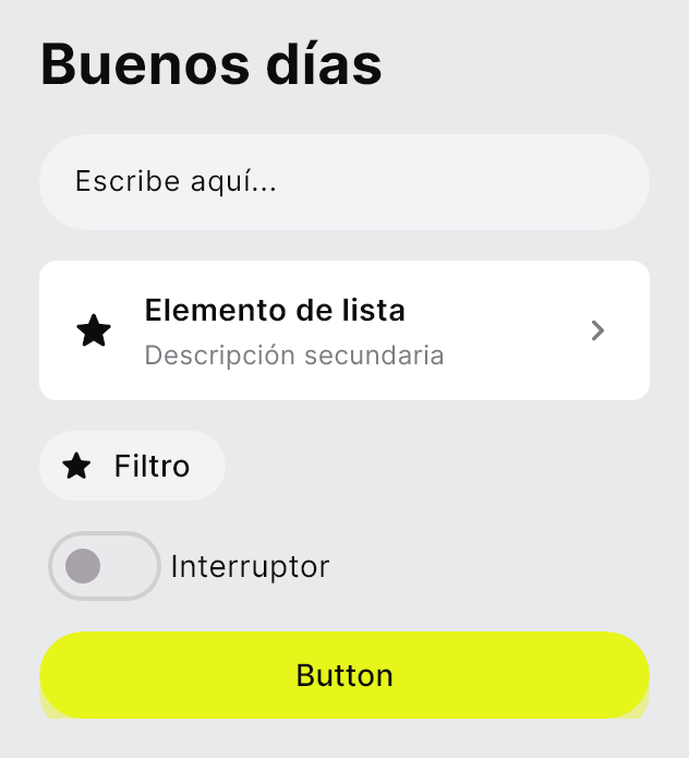 El paquete Voltio en un titular, un campo, una fila de lista, una etiqueta, un interruptor y un botón.