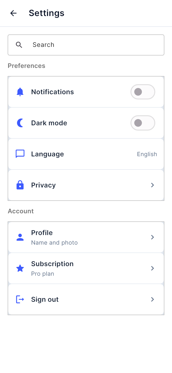 The template "Settings" as Draft draws it on a phone.