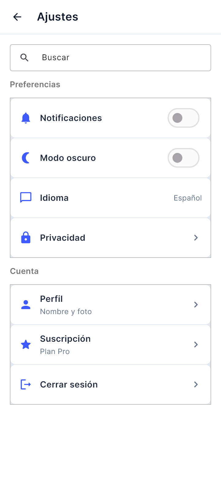 La plantilla «Ajustes» tal como la dibuja Draft en un teléfono.