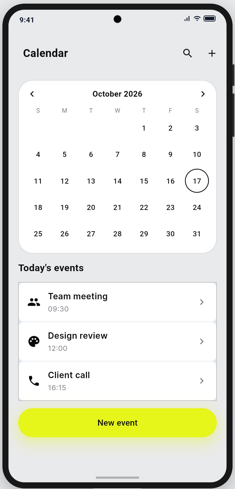 An October 2026 calendar with the 17th marked, today's events (team meeting, design review and client call) and the lime New event button.