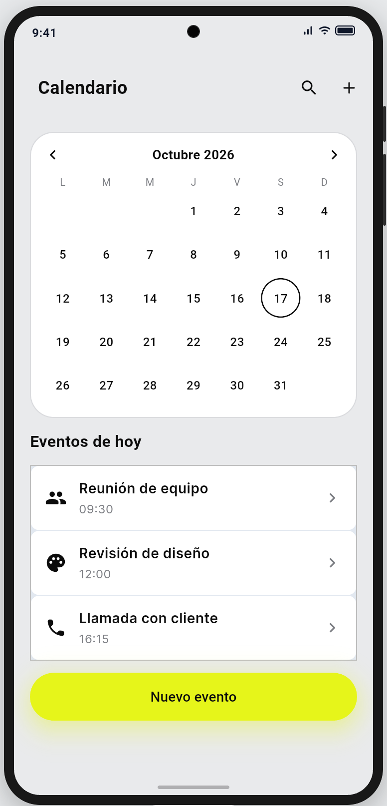 Calendario de octubre de 2026 con el día 17 marcado, los eventos de hoy (reunión de equipo, revisión de diseño y llamada con cliente) y el botón lima Nuevo evento.