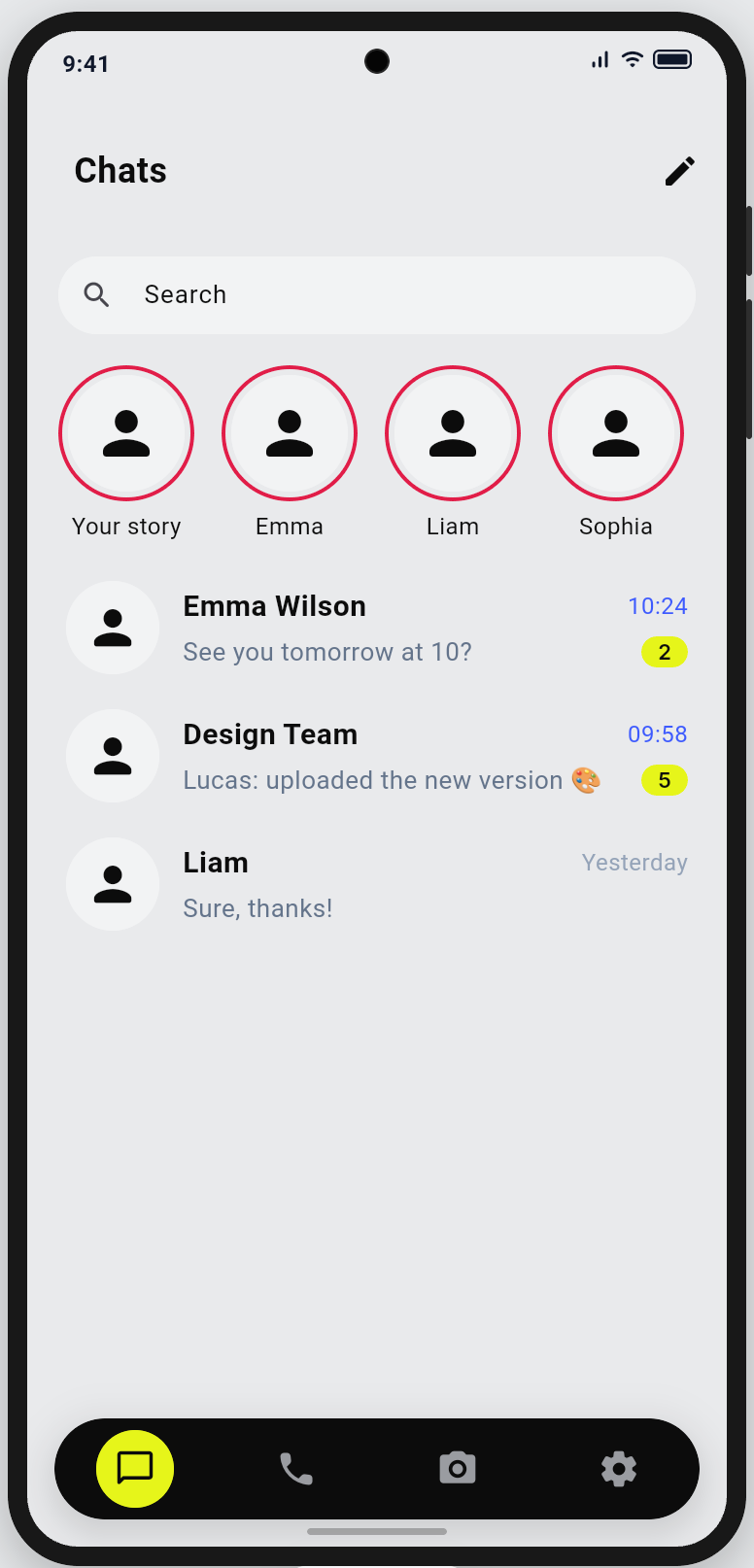 A chat list: search bar, stories, and conversations with unread message counts.